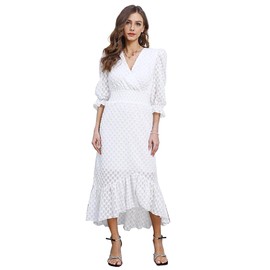White Eyelet Dress Church for Women 2025 High Low V Neck Long Maxi Short Sleeve Boho Spring Summer Easter Bridal Shower Dresses for Guest