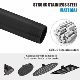 Voolan 13 Inch Shower Head Extension Arm with Flange, S Shaped Shower head Riser Pipe, Stainless Steel Long Goose Neck Curve Standard 1/2" Connection (Black)