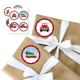 Big Dot of Happiness Merry Little Christmas Tree - Round Red Truck and Car Christmas Party to and from Gift Tags - Large Stickers - Set of 8