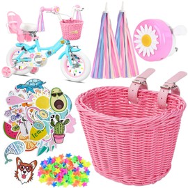 Bicycle Basket Children's Front Bicycle Basket Girls Front Bicycle Basket with PU Straps, Stickers, Bicycle Tassels and Bicycle Bell, Bicycle Accessories Children, Children's Bicycle Accessories Girls