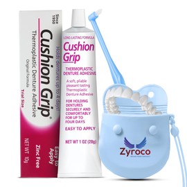 Zyroco Bundle of Cushion Grip Thermoplastic Denture Adhesive 1oz with Silicone Denture Adhesive Case and Cleaning Brush Act as Soft Denture Reliner Adhesive Denture Care Kit (1)