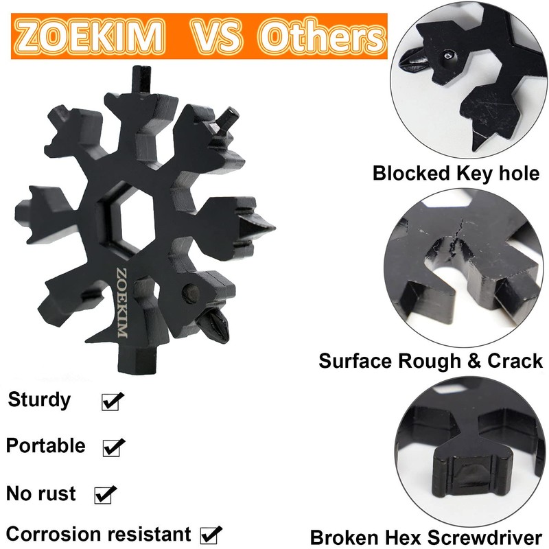 ZOEKIM 18-in-1 Snowflake Multitool, Stainless Steel Snowflakes Multitool Keychain, Combination