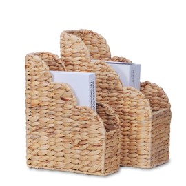 BROWNLILY Water Hyacinth Magazine Holders with Scalloped Edge - Natural Handwoven Rattan Storage Baskets Set of 2 (Large & Small) for Books, Home Office Decor