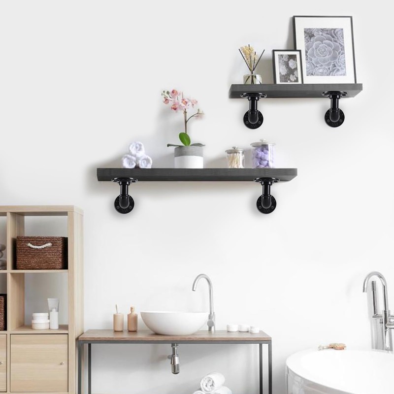 HBLYJS L-Shaped Industrial Pipe Shelf Brackets, Black Metal Wall-Mounted Floating