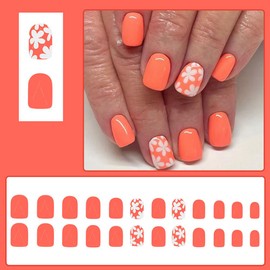 24 Pcs Spring Orange Press on Nails Short Square,YIHONGYUAN Sweet Flowers Short Fake Nails Press ons French Nail Tips Acrylic Kit Glue on Nails Full Cover False Nails Glossy Stick on Nails for Woman