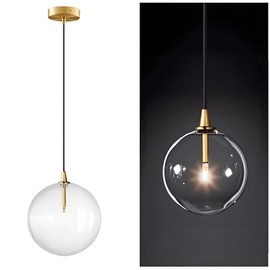XIRYTU-H Minimalist Transparent Glass Ball Pendant Light in Gold Finish, Height Adjustable G4 LED Ceiling Haning Light for Dining Room & Living Room (20CM)