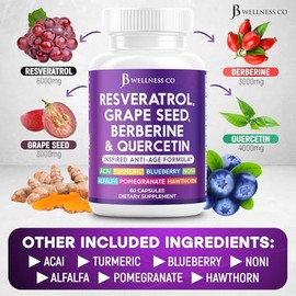 JB Wellness Resveratrol, Grape Seed Extract, Berberine, Quercetin - Polyphenol Supplement for Women and Men with Noni Extract, N-Acetyl Cysteine, Acai