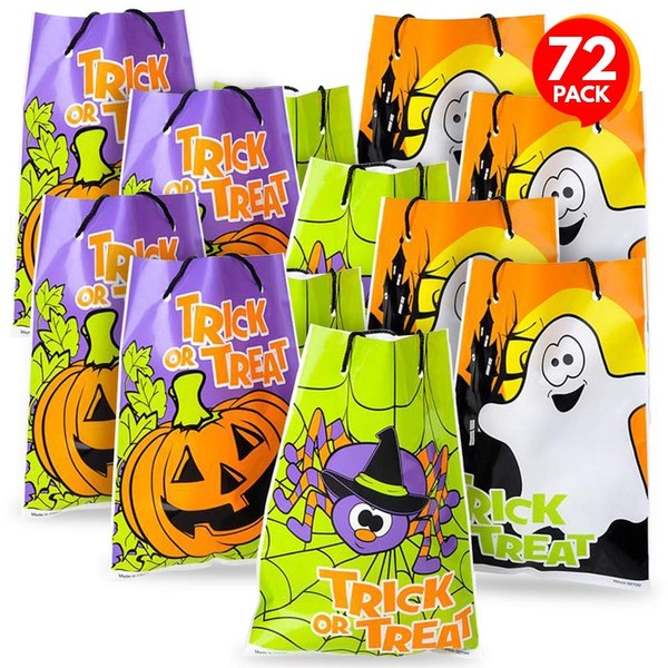 ArtCreativity Halloween Trick or Treat Drawstring Bags, Set of 72, Durable Plastic Bags for Candy, Treats, Gifts, 2 Colorful Designs, Halloween Party Favor Goodie Bags- No Style Choice Available