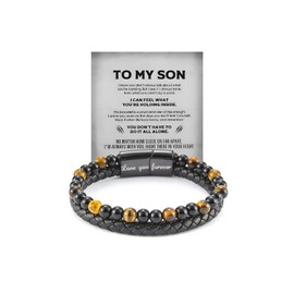 The Guardian - Son's Tiger Eye Protection Bracelet From Mom, Love You Forever Linked Together Leather Black Beaded Cuff Bangle Mens Birthday Weave Gift Jewelry (Dont Feel Alone)