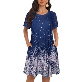 Women Summer Dresses Casual Short Sleeves Plus Size Tshirt Floral Pockets Beach Sundress (Blue Polka Dots, 2XL1)