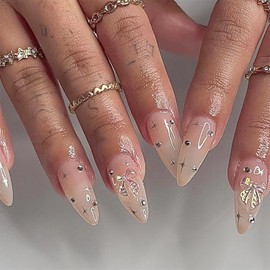 French Tip Press on Nails Almond Medium Artifical Acrylic Fake Nails with Bow Tie Stars Design Almond Rhinestone False Nails Full Cover Reusable Nude French Coffin Nails Glue On Nails for Women