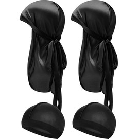 Geyoga 4 Pieces Kids Silky Durag with Wave Caps Set Unisex Baby Durags Long Tail and Wide Strap Headwraps Turban Beanies (Black, Black)