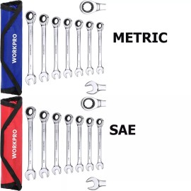 WORKPRO 14 PIECE Ratcheting Combination Wrench Set Metric&SAE with Roll Up Pouch - 7 PIECE METRIC&7 PIECE SAE