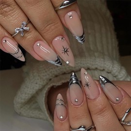 IMRAIN Silver Press on Nails Medium Almond Fake Nails Metal French Tips Glossy False Nails Full Cover Glue on Artificial Nails Nude Acrylic Nails with Star & Rhinestone Designs 24Pcs