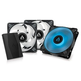 ARCTIC P12 PWM PST RGB (3 pieces, including controller) - PC fan, 120 mm PWM PST case fan optimised for static pressure, case fan, semi-passive: 200-2000 RPM, 12 V 4 pin RGB LED, black