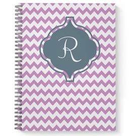 Purple Chevron Monogram "R" Notebook/Journal, Laminated Soft Cover, 120 Wide Ruled pages, lay flat wire-o spiral. Size: 8.5” x 11”. Made in the USA