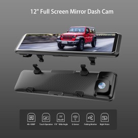 4K Rear View Mirror Camera, 12" Dash Cam, FHD Full Touch Screen Built-in WiFi & GPS Car Driving Recorder Cam, 3840P Front and Rear Camera, 170°Wide Angle Smart Driving Assistant, Free 64GB TF Card