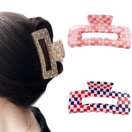 Checkered Hair Claw Clips for Women Ladies, 4inch Fashion Large Hair Clips for Styling Claw Clamps Thick Hair Retro Rectangle Shape Hair Jaw Clips (3 Pack)