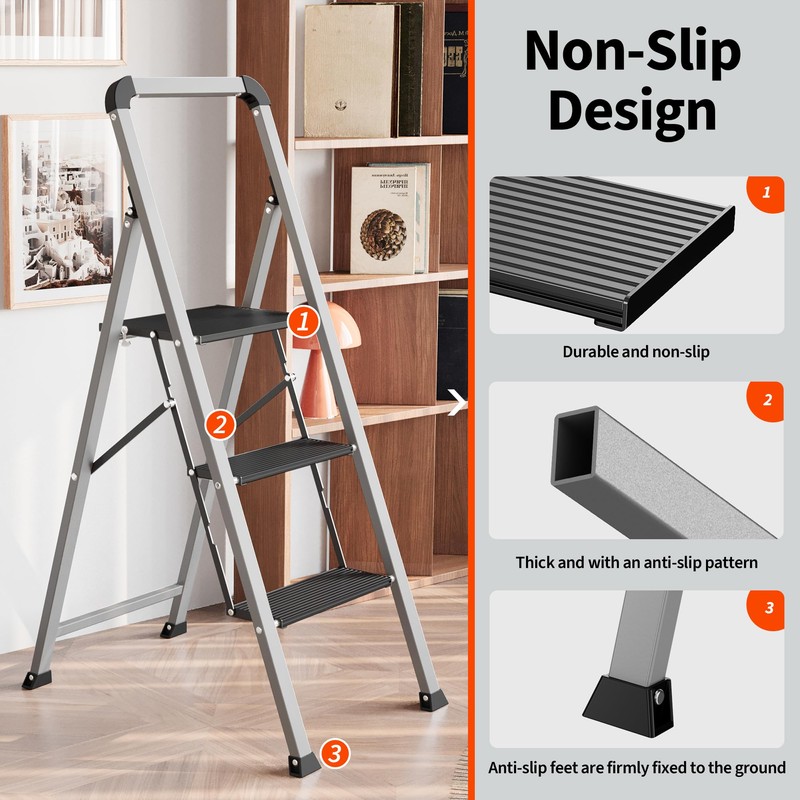 3 Step Ladder with Handrail,DIAMONDFORGE 800 lbs Capacity Aluminum Ladder,