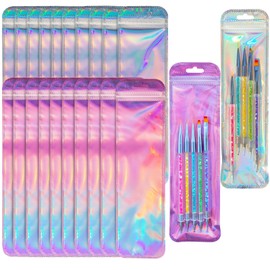 Lokyango 100PCS Holographic Packaging Bag, 2.5x9.4 Inch Resealable Ziplock Bags for Small Business, Pen, Lipgloss, Jewelry, Candy (50pcs Holographic + 50pcs Rose)