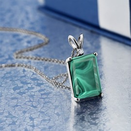 Gem Stone King 5-10 Cttw Gemstone Birthstone and Round Accent White Diamond Necklace | 14X10MM Emerald Cut | 925 Sterling Silver | Pendant Necklace for Women | With 18 Inch Silver Chain