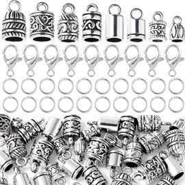 DC,CLISENCE 112pcs Cord End Caps, 8 Styles Tibetan Relief Pattern Tube Crimp Beads for Jewelry Making, Metal End Caps with Jump Rings Lobster Clasps Set for Bracelet Necklace DIY - Antique Silver