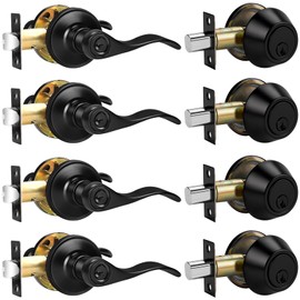 Probrico Front Door Handle and Double Cylinder Deadbolt Set, Black Exterior Door Handle with Deadbolt Lockset,Wave Reversible Door Lever Locks with Deadbolt Set, Keyed Alike 4Pack