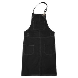 sourcing map No-Tie Twill Apron 84x66cm Split-Leg Leather Reinforcement Adjustable Chef Apron with 6 Pockets for Men and Women, Black