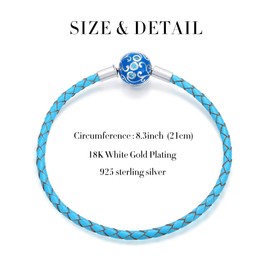 FOREVER QUEEN Genuine Blue Braided Leather Bracelet with 925 Sterling Silver Snap Clasp Charms CZ for Women Teen Fits European Beads Charm