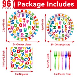 OBUSATT 96 Pcs Educational Paper Plates Alphabet Birthday Paper Plates Learning ABC Tablewear Early Learning Plates and Napkins Forks for Serves 24