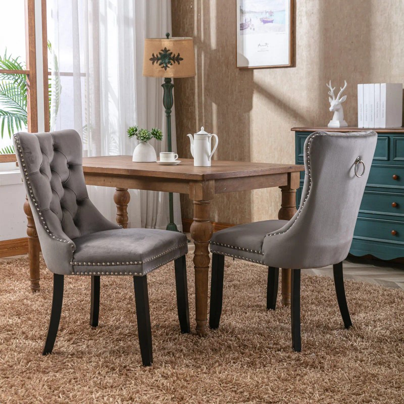 Modern Grey Velvet Tufted Solid Wood Set of 2 Dining