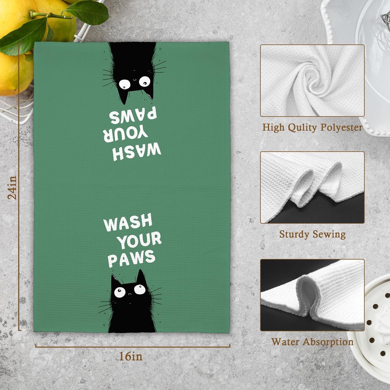 Xmsaitar Green Funny Black Cat Bathroom Kitchen Towels, Wash Your