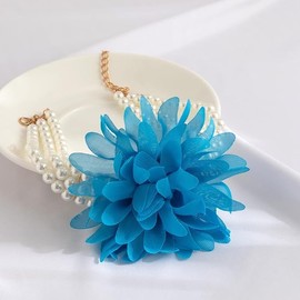 Vintage Layered Pearl Choker Necklace with Large Flower Chiffon Artificial Flower Collar Necklace Beach Wedding Bridal Necklace (Blue, 30+7CM)