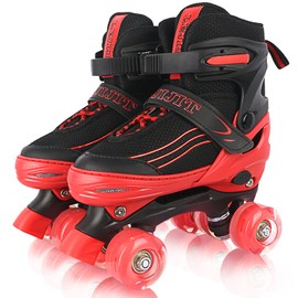 LEJIJIT Roller Skates for Kids Boys Girls Toddler Ages 3-12, Adjustable 4 Sizes for Kids and Youth Teen with Light Up Wheels, Quad Red Roller Skates for Sports (Big Kid 1Y-4Y)