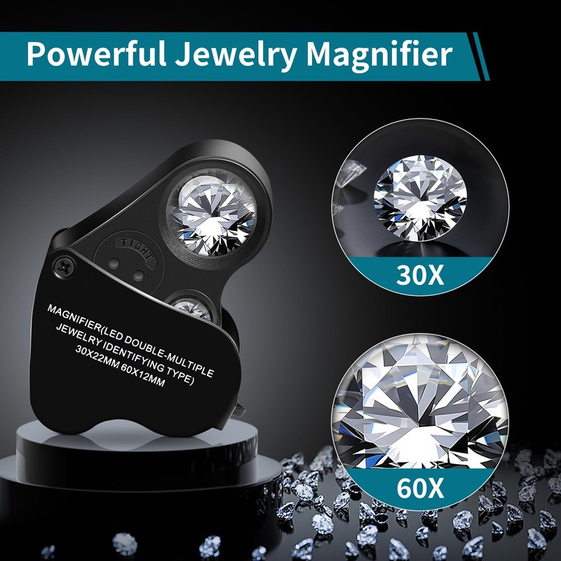 JARLINK 30X 60X Illuminated Jewelers Loupe Magnifier, Foldable Jewelry Magnifier