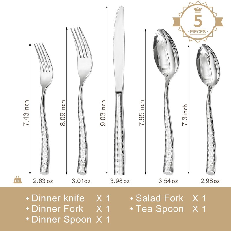 Kingstone Hammered Silverware Set, 5-Piece Flatware Set for 1, 18/10