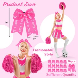 Landical 16 Pcs 7 Inch Large Cheer Hair Bows for Teens Girls, Cheerleader Bows with Elastic Hair Tie Ponytail Holder Band for Cheerleading College Sports Softball Birthday Competition Parties (Pink)