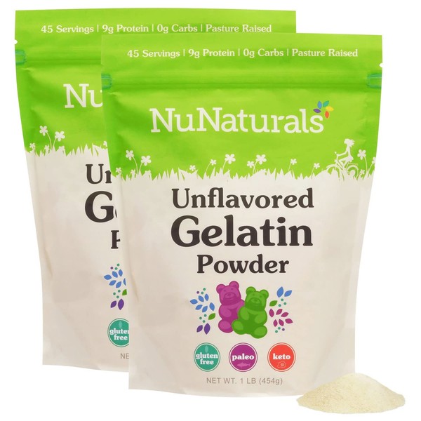 NuNaturals Unflavored Beef Gelatin Powder, Instantly Thickens, Stabilizes, and Texturizes, 1lb (2-Pack)