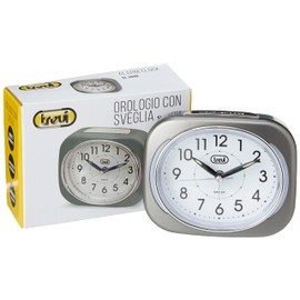 Trevi Retro Nachttisch/Reisewecker mit LED-Hintergrundbeleuchtung und leisem Sweep-Sekundenzeiger, Kunststoff, grau, 10x3.6x8 cm