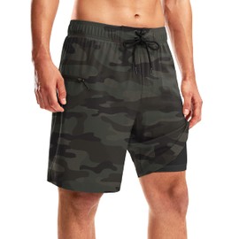 Pinkbomb Men's Swim Trunks with Compression Liner 9 Inch Quick Dry Swimsuit Swimming Swim Board Shorts for Men with Pockets (Grey Sage Camo, S)
