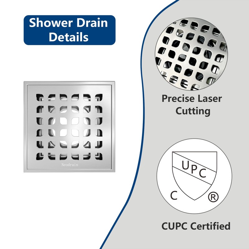 Neodrain Square Shower Drain, 4 in Brushed 304 Stainless Steel