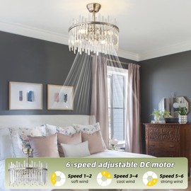 Gryalcy Silver Fandelier Ceiling Fans with Lights, Crystal Chandelier Ceiling Fan with Light Remote Control, Mid Century with 6 Speeds for Bedroom, Living Room