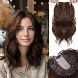 Large Base Toppers Hair Pieces for Women Full Volume Middle Part Clip in Bangs Synthetic Wavy Hair Topper for Daily Wearcolor: 8H10C, stretched length: 14inches, toupee size: 6x6