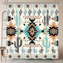 Newsely Green Western Aztec Cactus Shower Curtain 72Wx72H Inch Southwestern Boho Tribal Geometric Ethnic Shower Curtain Bathroom Set American Waterproof Bath Decoration Accessories Home Decor