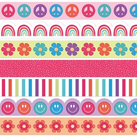 Whaline 80.4Ft Boho Bulletin Board Borders Colorful Flower Rainbow Smile Face Adhesive Trim Border for Retro Groovy 70s School Classroom Office Party Decoration