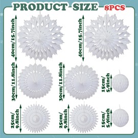 8pcs Winter Paper Christmas Decorations - Reusable White Christmas Decorations Winter Paper Snowflake Hanging Paper Fan Decors for Xmas, Wedding, Winter Birthday Party, Backdrop for Restaurants