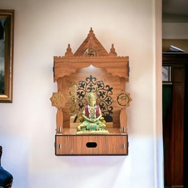 Git Kya De Pooja Mandir for Home, Wooden Temple with Storage Shelf & LED Spotlight, DIY Wall Mounted Puja Mandirs, Home Temple Devghar, Puja Stand for God Idols, Office, Shop - (24 x 13 Inches)