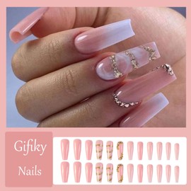 Gifiky Marble Nails Fake Nails Long Coffin Press on Nails Bling Nails Tips Crystal Gem Design Full Cover Gradient False Nails Pink for Women and Girls 24Pcs