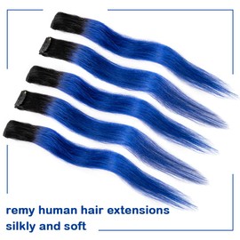 Winsky Blue Ombre Clip in Colored Hair Extensions 100% Real Human Hair - Hairpiece for Women Clip on 5 Pieces/set (18 Inch,1B-Blue)