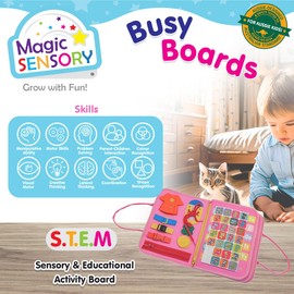 Magic Sensory Busy Book for 3+ Year Old Toddler - Montessori Busy Board with 12 Removable Pages - Alphabet, Numbers, Under Sea and Outer Space - Pink